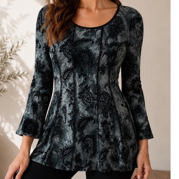 Sami & Jo Tops - Y2K Fairy Grunge Black Burnout Velvet Top XL Floral Boho Bell Sleeve Whimsigoth